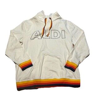 Aldi Gear Hoodie White Large Retro Striped Cuffs & Hem Logo Sweatshirt L
